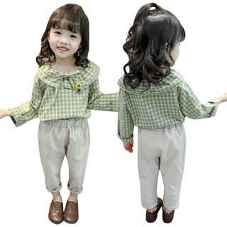 Set 2Pcs Baju Atasan Motif Kotak  Kotak  Celana  Panjang 