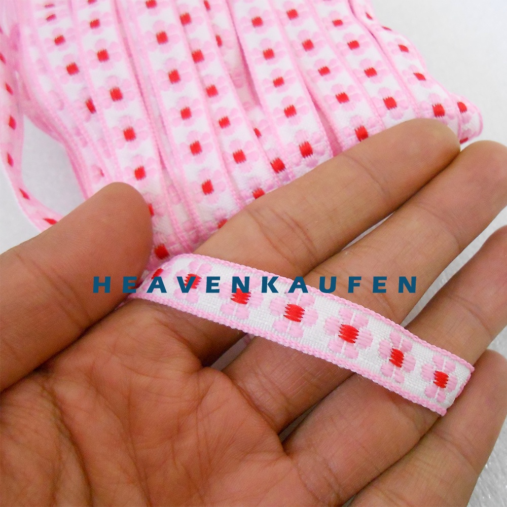 Renda 1 cm Motif Bunga Pink - Merah Per Rol isi 22 Meter Untuk Renda Tepi Mukena Taplak Craft Dll