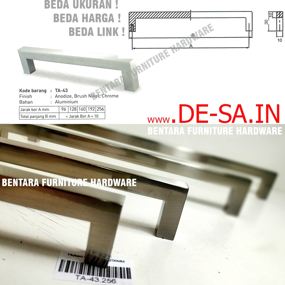 Huben TA-43 256 MM - Tarikan Laci Meja Lemari Kabinet Gagang Pintu Handle Aluminium Nikel Chrome Meja Lemari Kabinet (Sekitar 25 - 26 - 27  cm)