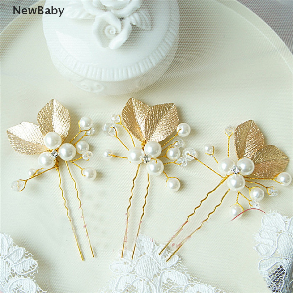 Newbaby 4PCs Jepit Rambut Bentuk Daun Emas Hiasan Mutiara Untuk Pengantin Wanita
