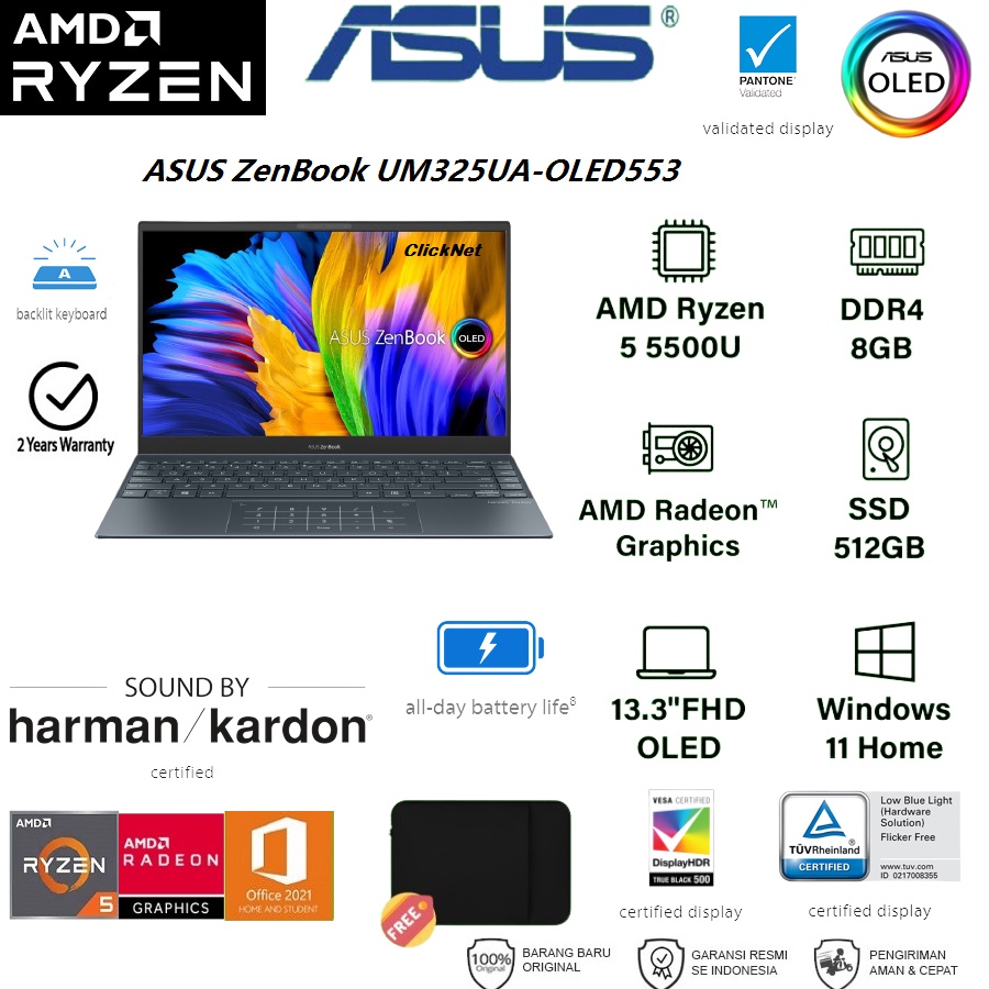ASUS ZENBOOK UM325UA-OLED553 AMD R5-5500U 13.3" FHD OLED 8GB 512GB SSD WIN11 OHS
