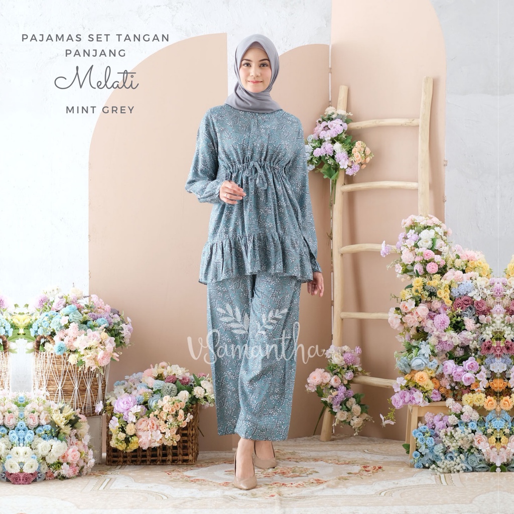 vSamantha - Pajamas Set / Piyama Set Muslim Rayon Rempel Busui Friendly - Tangan Panjang-Melati Mint Grey