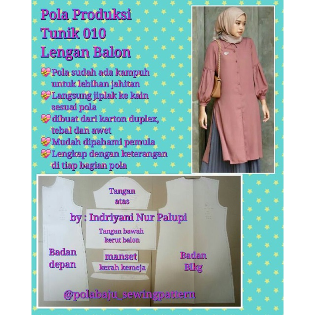 POLA PRODUKSI TUNIK 010 - Pola Tunik lengan balon - Pola Baju - Pola Instan