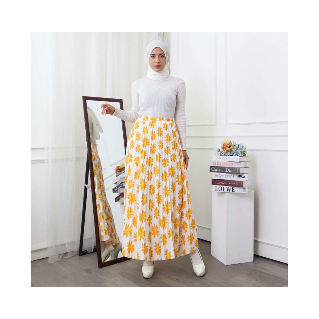 ROK PLISKET MOTIF BUNGA MELAPODIUM BAHAN HYGET PREMIUM