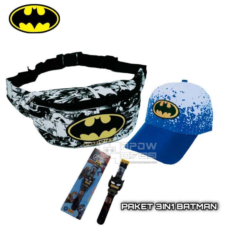 Paket Hemat 3in1 Tas Waistbag Batman Dinir+ Topi Bordir + Jam Tangan Pencet