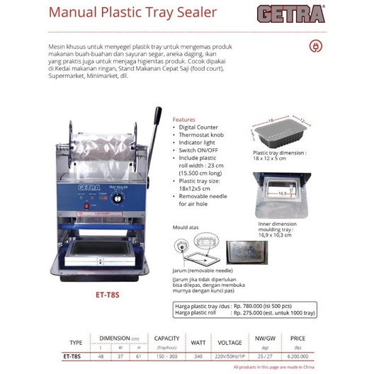 GETRA Manual Plastic Tray Sealer ET-T8S / ETT8S