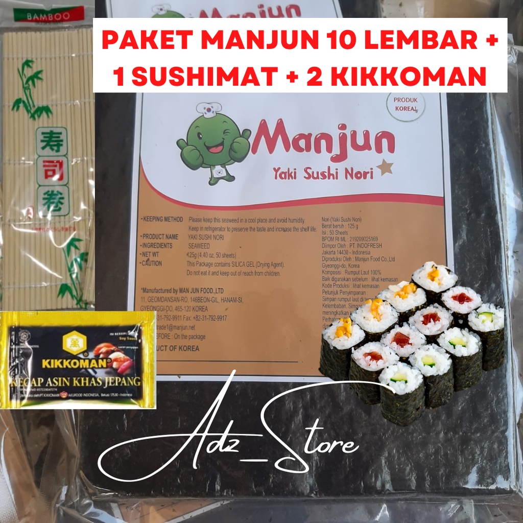 

Promo Combo [ FREE KIKKOMAN] | PAKET NORI SUSHI RUMPUT LAUT MANJUN (10 LEMBAR) + 1 SUSHI MAT + 2 Kikkoman