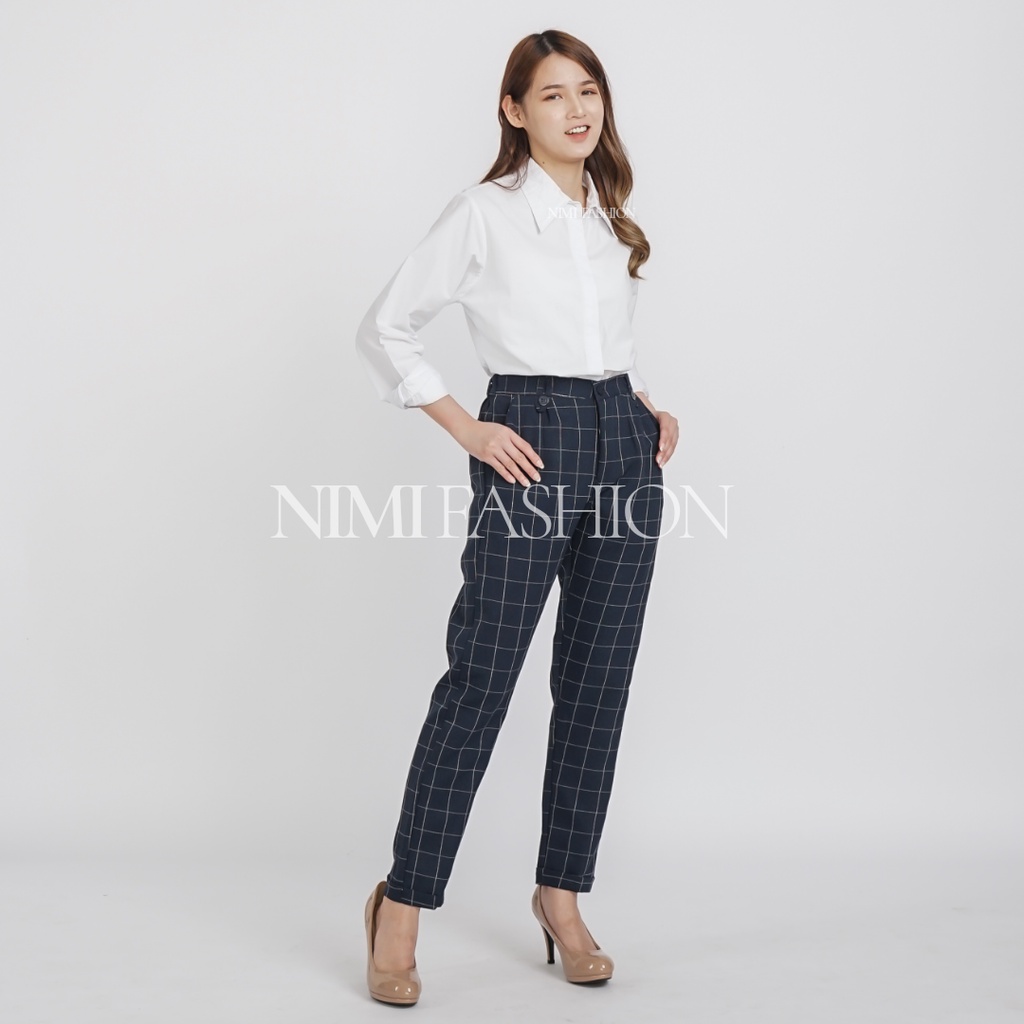 NIMI - Celana Tartan Wanita Bawahan Baggy Pants Kotak Wanita Pinggang Karet