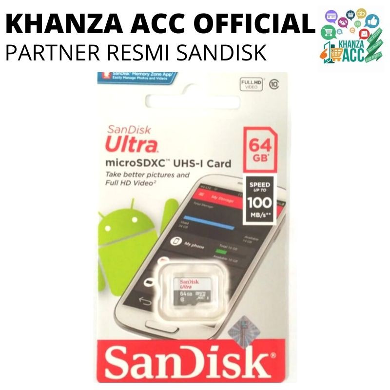 KHANZAACC Memory Card MicroSD Sandisk Ultra 64GB Speed 100 Micro SD Memori Hp