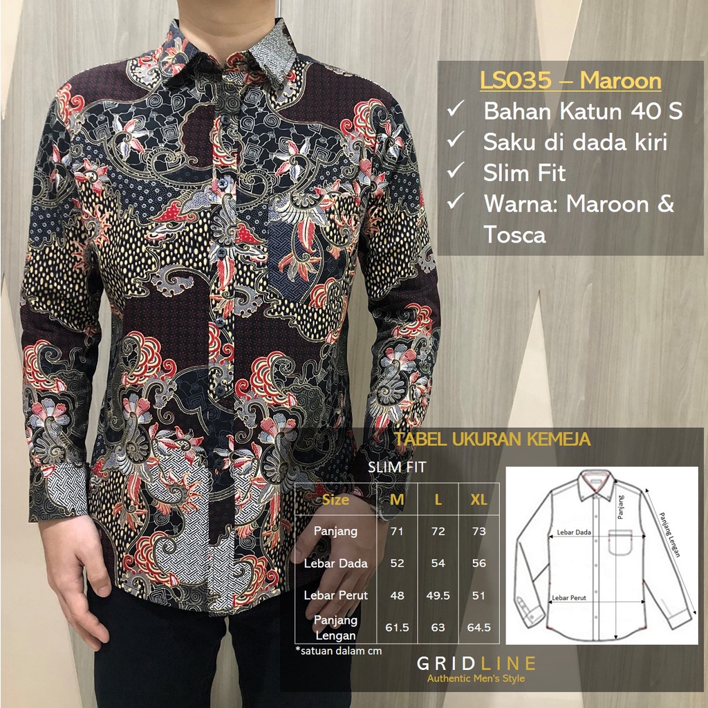 [GRIDLINE - LS065 Autumn Black &amp; Navy Blue - LS035 Maroon] Kemeja Batik Lengan Panjang Pria SlimFit Katun Modern Simple