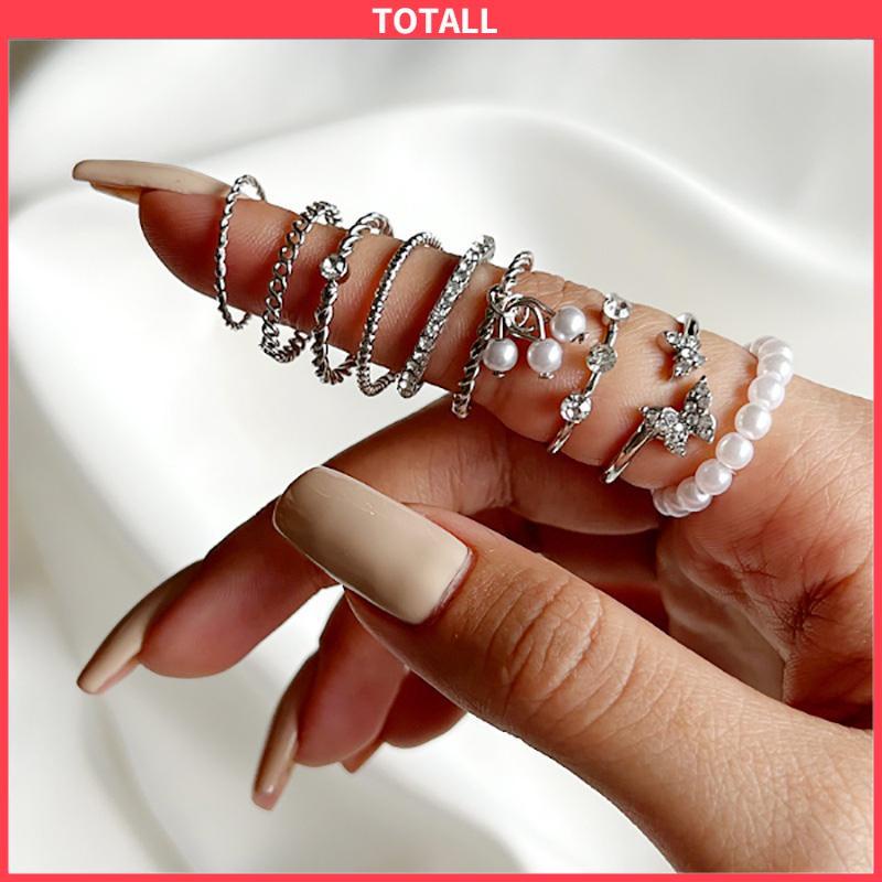 COD 9 PCS Wanita Tipis Berongga Mutiara Kristal Kupu-kupu Berlian Premium Knuckle Ring Set-Totall