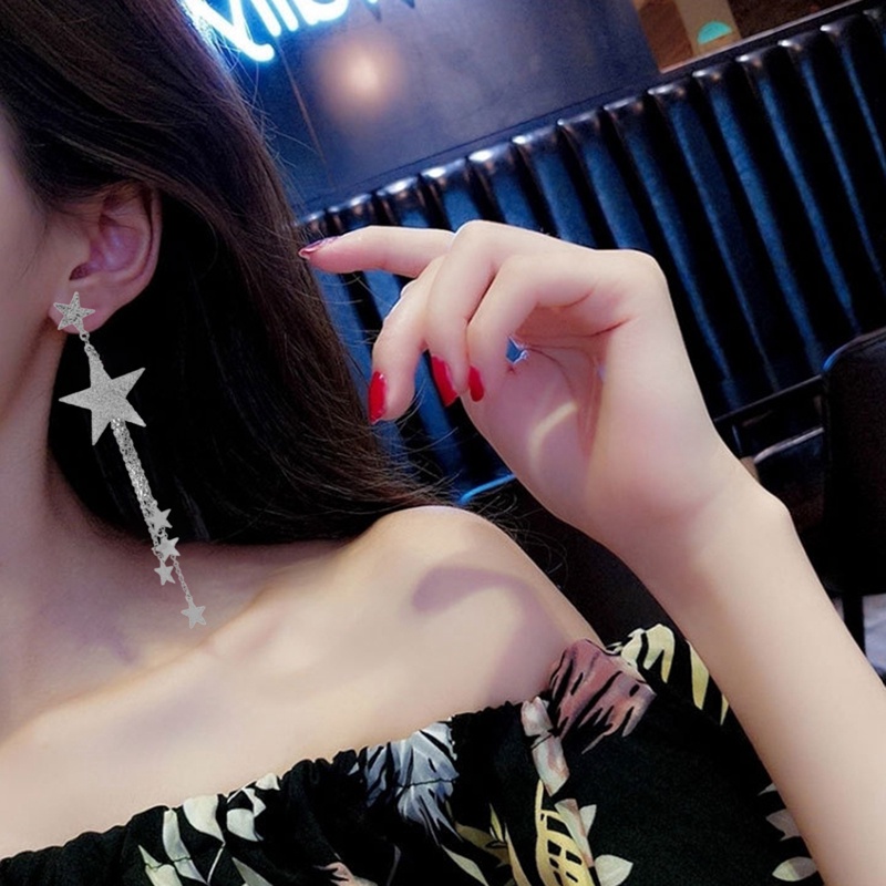 Fancyqube Anting Hoop Panjang Desain Bintang Rumbai Bahan Metal Untuk Wanita