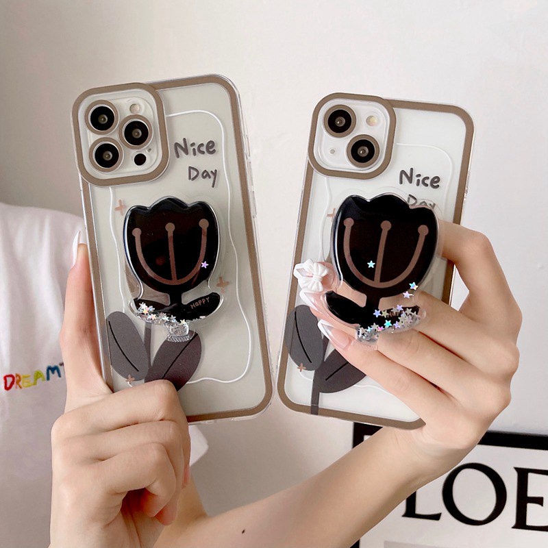 Flow Glitter Tulip Popsocket Soft Case iP iPhone 11 12 13 Pro Max 6 6S 7 8 + Plus X XR SE 2020 XS Max Casing