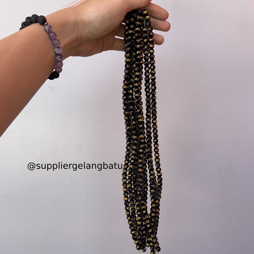 renceng batu hitam naga bead black gold 8mm kalung gelang dragon bead