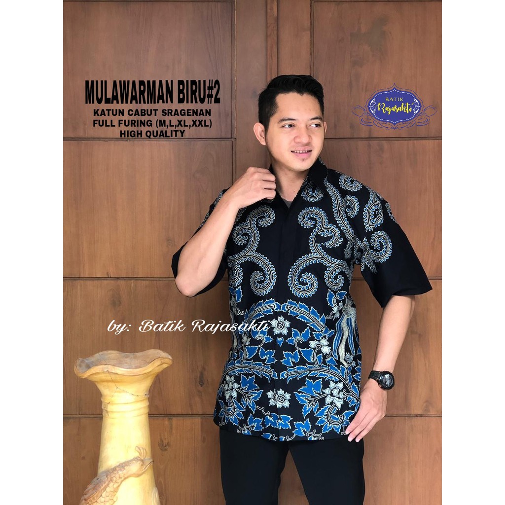 MULAWARMAN BIRU 2 Kemeja Batik Pria Lengan Pendek Katun Halus FULL FURING Rajasakti