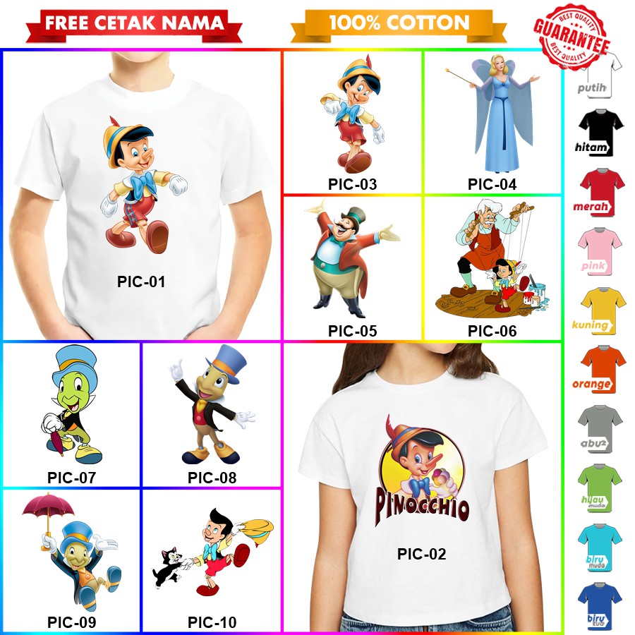 [FREE NAMA!!] Baju Kaos ANAK DAN DEWASA PINOCCHIO BANYAK MOTIF