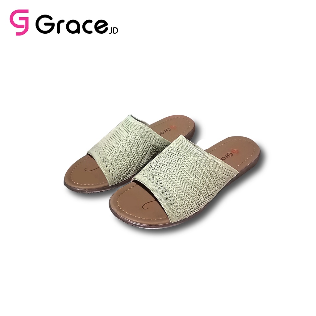 Grace(RJB 01)/Sandal Teplek Wanita Distro Selop Rajut elastis Flat/sandal slop karet rajut cewek Murah-CREAM