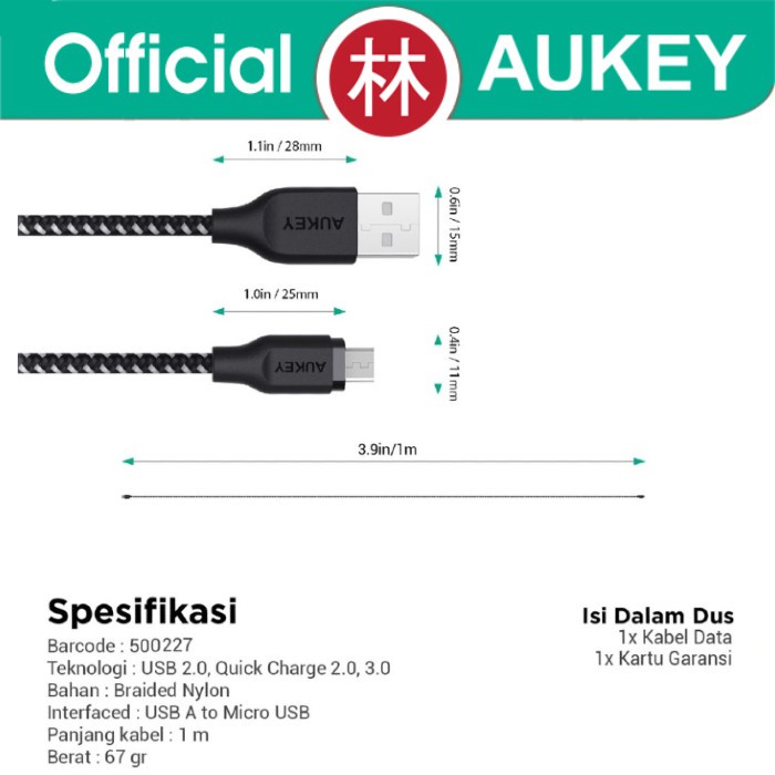 Aukey CB-AM1 Data Cable Micro USB Braided Nylon Series 1m