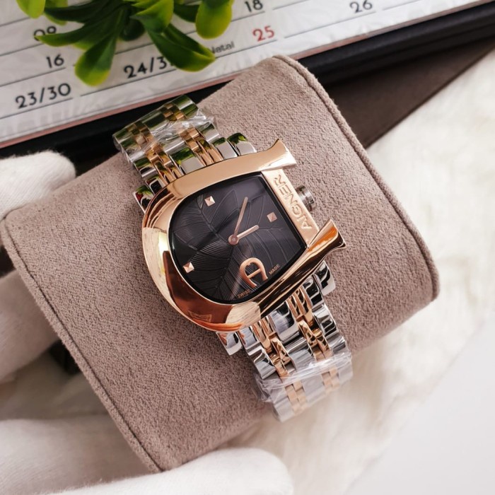 (BISA COD) Jam Tangan Aigner A1800 Original Genua Due Silver Rosegold - Iner Hitam