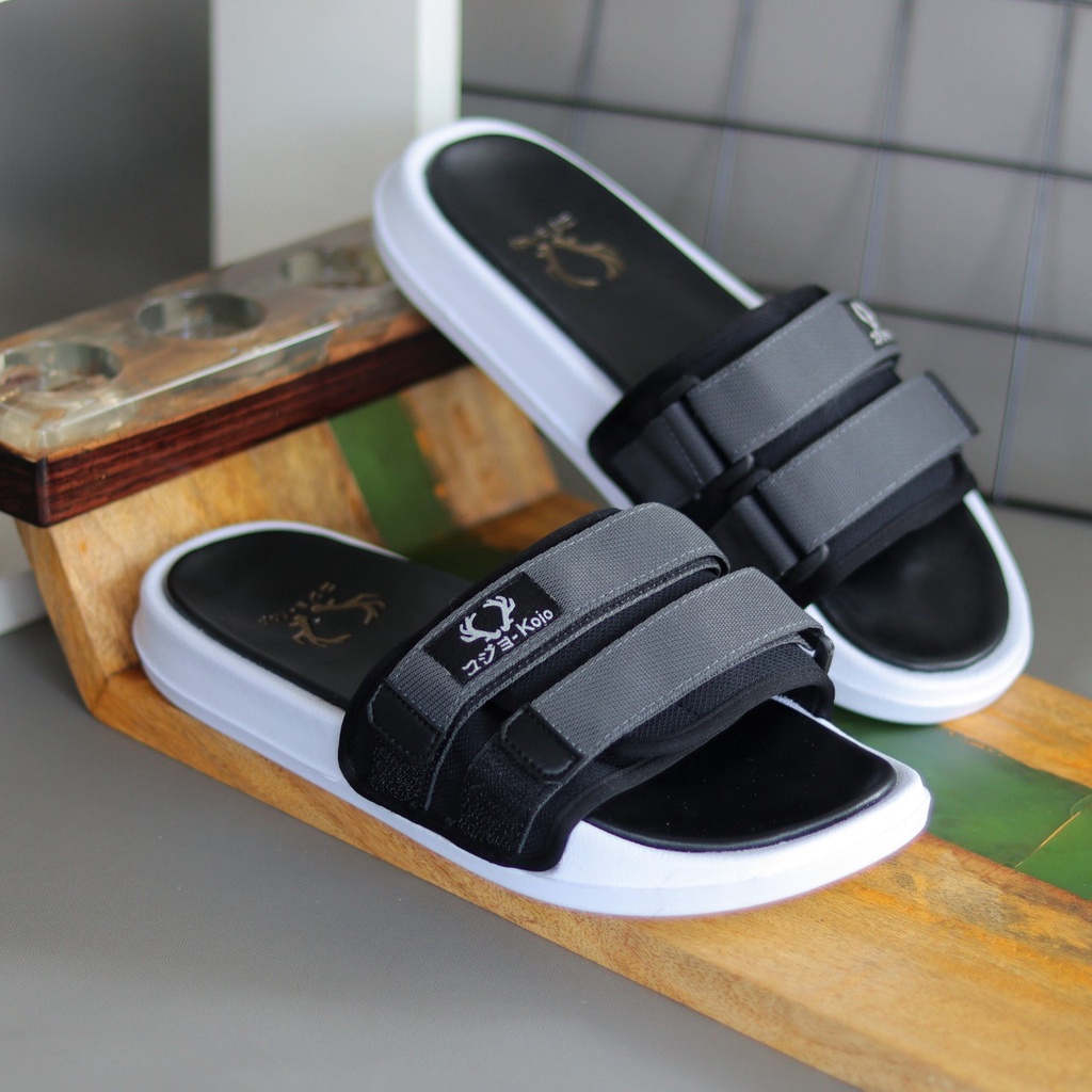 PANDEMIC SUZURAN BLACK ORIGINAL x KOJO Sandal Casual Hitam Pria Sendal Slide Jalan Santai Harian Slippers Hangout Main Lebaran Selop Karet Anti Slip Premium Slip On Remaja Dewasa Flip Flop Kerja Formal Sport Fashion Footwear Keren Terbaru Kekinian Branded