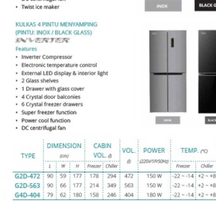 Kulkas Side By Side Gea G4D-404 / Kulkas Gea Inverter 4 Pintu Black