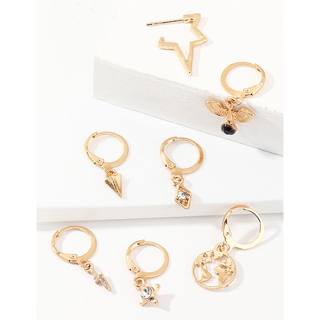 LRC Anting Tusuk Fashion Golden Lightning Alloy World Map Star Mount Stud Earrings Set D81681