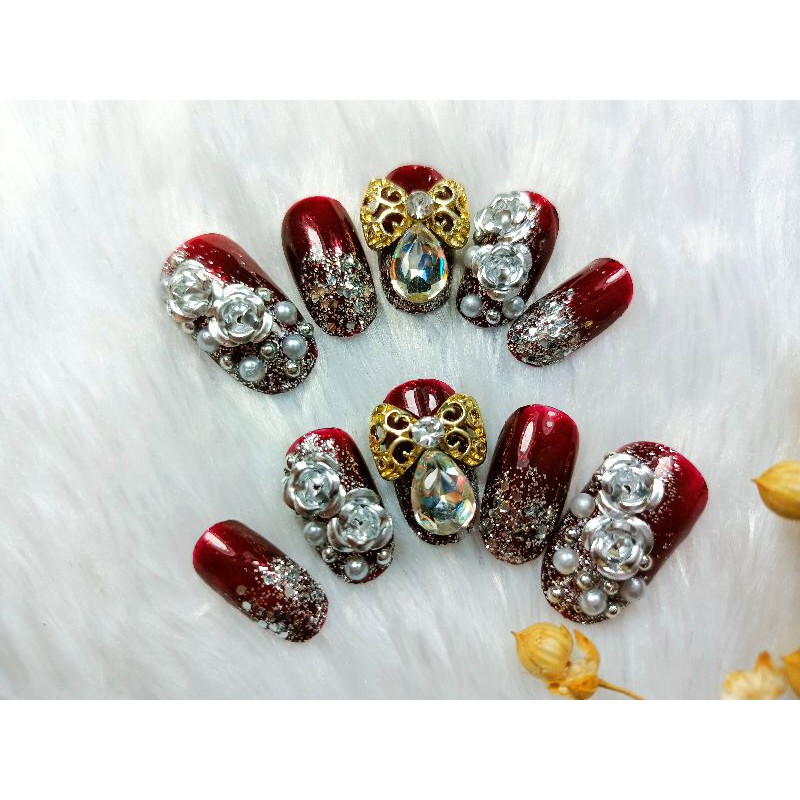 Nail Art Wedding - kuku palsu pengantin maroon cantik elegan