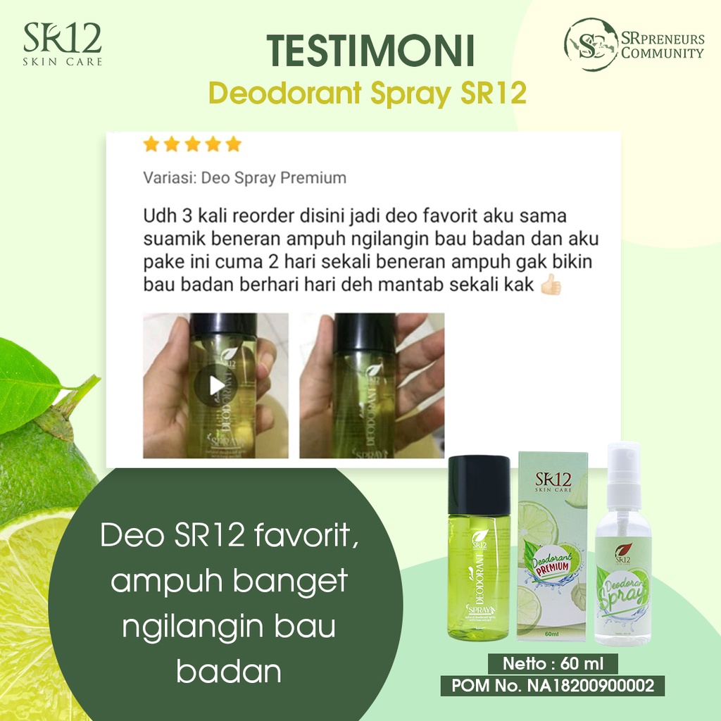 DEODORANT SPRAY PREMIUM SR12 60 ML / TAWAS CAIR / PENGHILANG BAU BADAN / ANTI BAKTERI