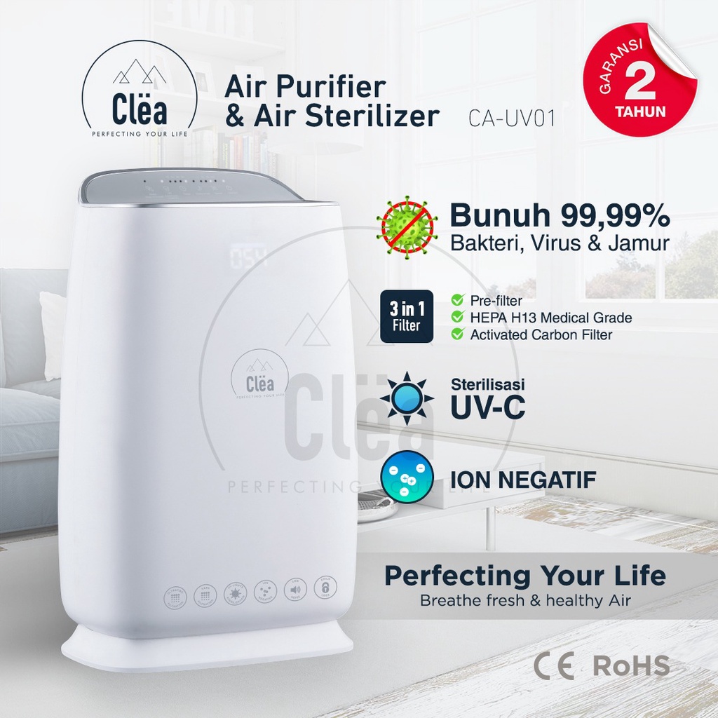 CLEA Air Purifier Air Sterilizer 3 in 1 HEPA Filter + UV Sterilizer + Ion negatif (UVC HEPA 13) Pembersih Penjernih Penyegar Penyaring Filter Udara Ruangan Kamar Purifer Furifier Debu Kasur Bulu Anti Virus Otomatis