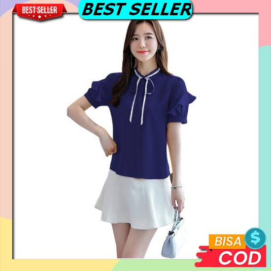Inemstore Crop Top Posh Polos V Neck Korea Style | Baju Atasan Blouse Wanita Crop Top Lengan Balon |