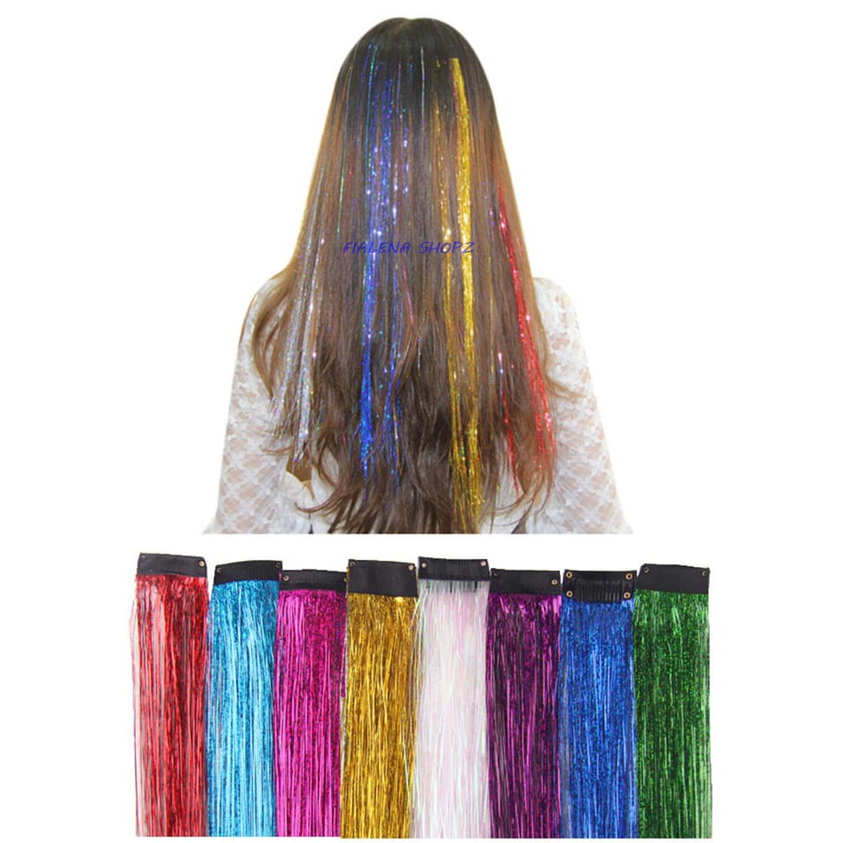 Jual Hair Extension Clip Highlight Rambut Palsu Warna Warni Glitter - Merah Murah
