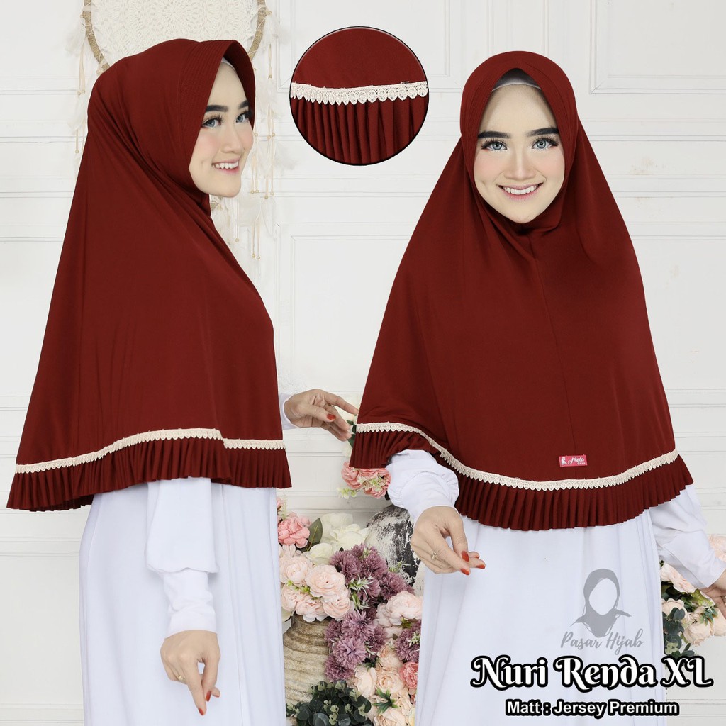 Jilbab Instan Nuri Renda Size XL Hijab Instan Jersey Premium Kerudung Bergo Pasar Hija'b