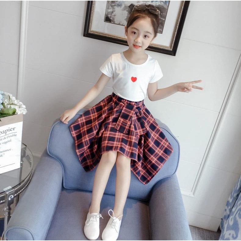 Promo !! Setelan bestseller anak cewek / setelan love twist tartan ukuran 1-3tahun / Setelan baju anak import