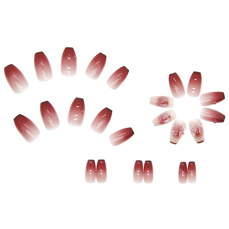 24pcs / Kotak Kuku Palsu Panjang Desain Butterfly Knot Hati Warna Gradasi Merah Transparan Untuk Dekorasi Nail Art