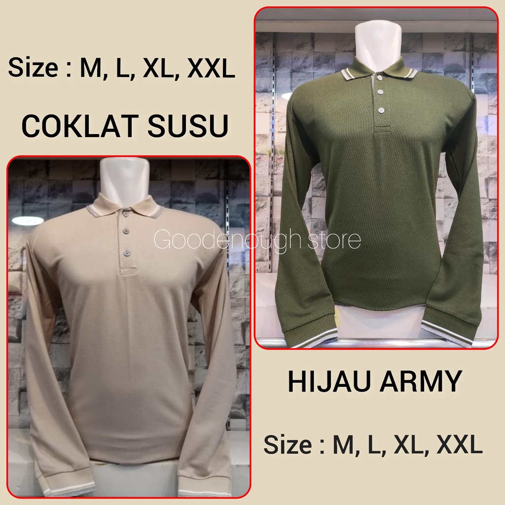 Kaos Kerah Polo Shirt Lis Lengan Panjang Warna Coklat Susu Dan Hijau Army Untuk Cewe Cowo Seragam Pa