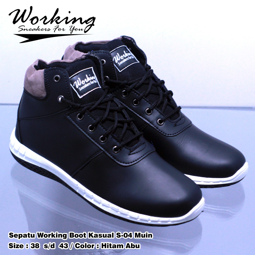 Sepatu Pria Kasual Working Boot S-04 Full Kulit Sintetis Untuk Kerja Kuliah