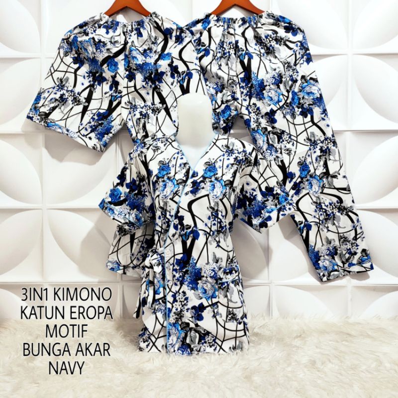 Piyama Kimono 3 in 1 dewasa motif Bunga sakura-Akar Navy KMN