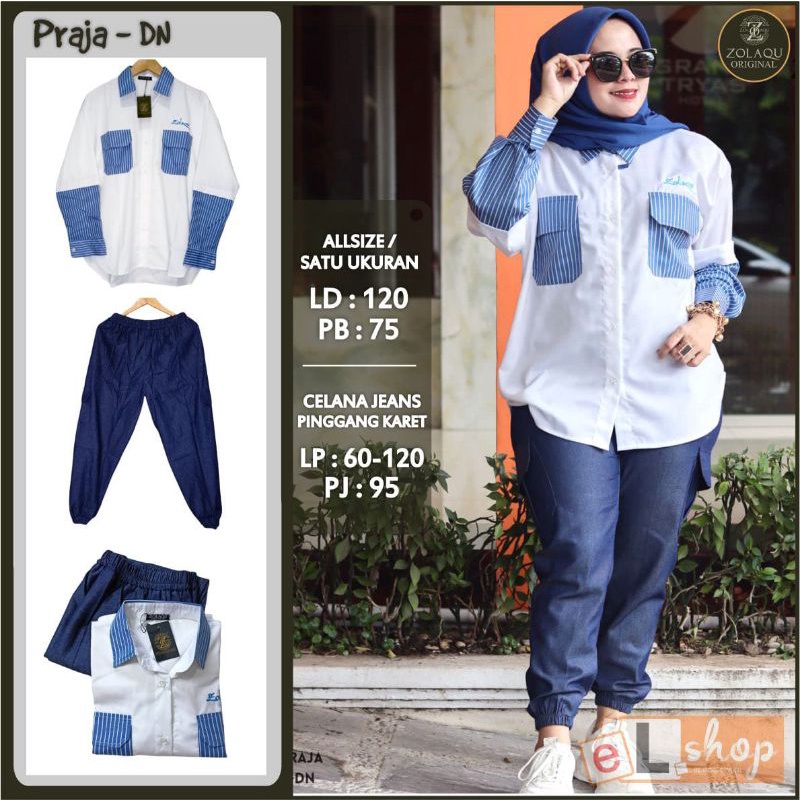 Setelan Zolaqu Ori One Set Kekinian Kemeja Katun Celana Denim Pinggang Karet
