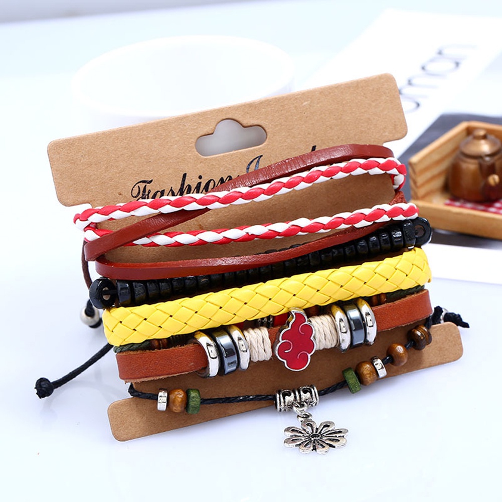 Hu Hu Hu Hu Hu Alat Bantu Pasang Kacamata♡ 4pcs / Set Gelang Multilayer Bahan Kulit Imitasi Gaya Retro Etnik Untuk Wanita