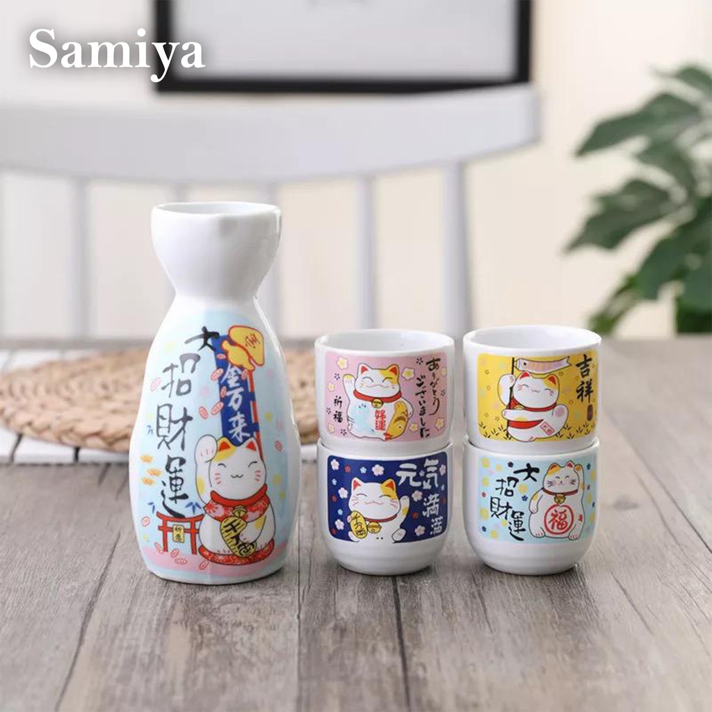 japanese sake maneki neko ceramic set / tea pot tokkuri bottle / ochoko cup / teko teh khas jepang