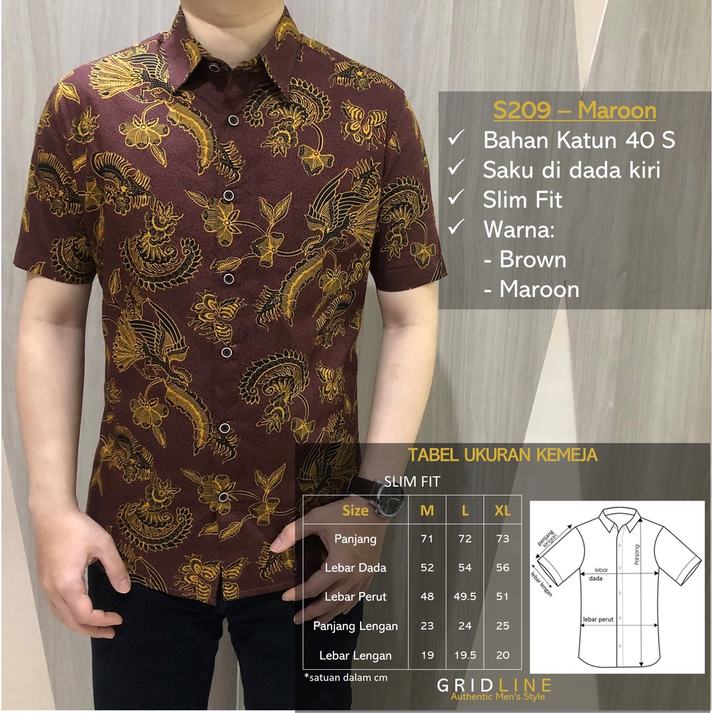 [GRIDLINE - S209 Maroon &amp; Brown] Kemeja Batik Pria Katun Lengan Pendek Slimfit Modern Casual Simpel Elegan