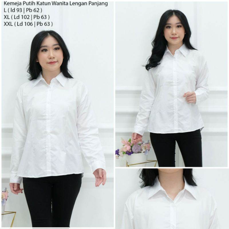 Kemeja putih katun wanita lengan panjang/Kemeja putih kerja wanita lengan panjang/Atasan putih kerja