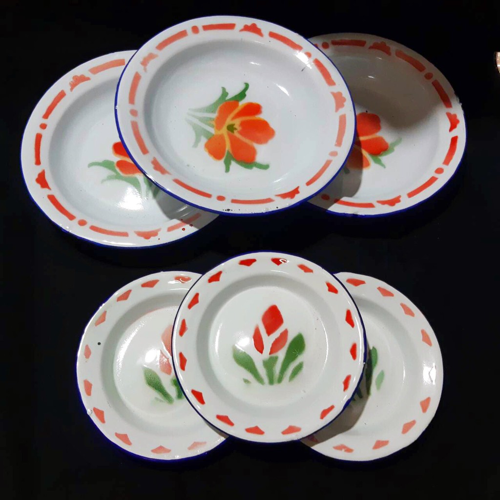 Set Trio Piring Kembang Enamel / Set Piring Kue dan Piring Makan