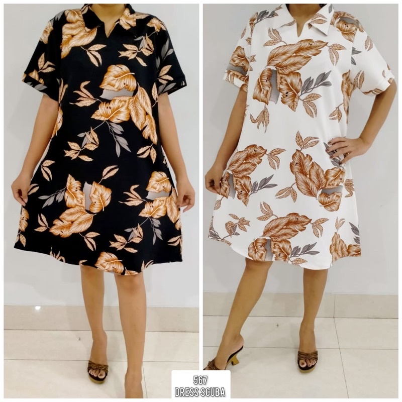 Tunik tangan pendek / Dress korea / dress gaun wanita korea dewasa lengan pendek motif daun cantik d