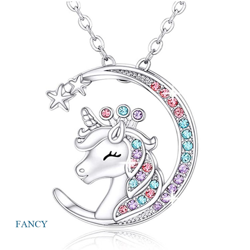 Kalung Desain Unicorn Aksen Kristal Birthstone Untuk Wanita