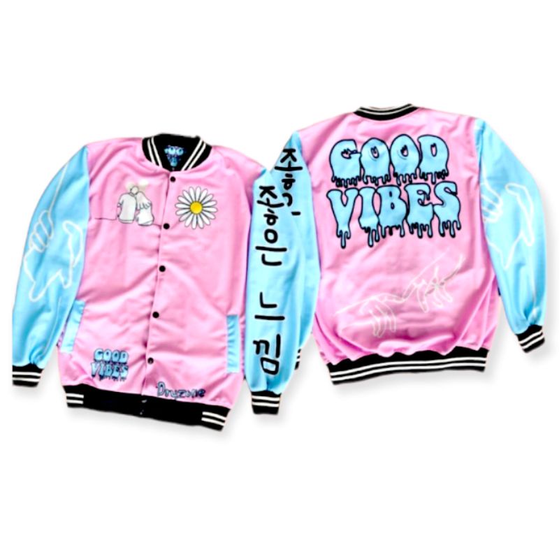 ( BISA COD) JAKET VARSITY BASEBALL MOTIF TERBARU PRIA WANITA SIZE XL-GOOD VIBES