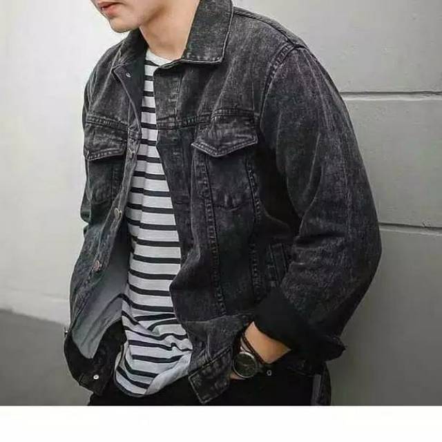  Jaket Jeans Polos  bio black Pekat Pria jin cowo Model 