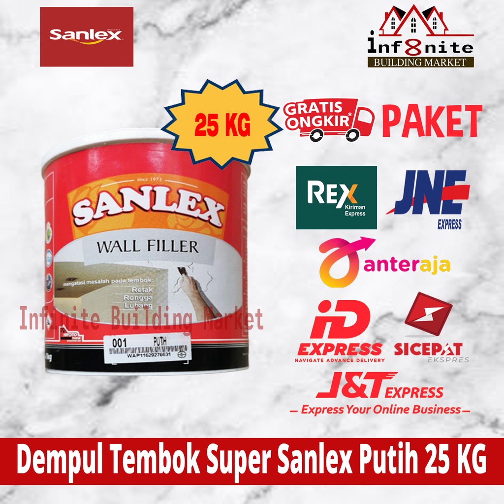 Dempul Tembok Sanlex Penambal Dinding Plamir Tembok Wall Putty 25 KG Paket