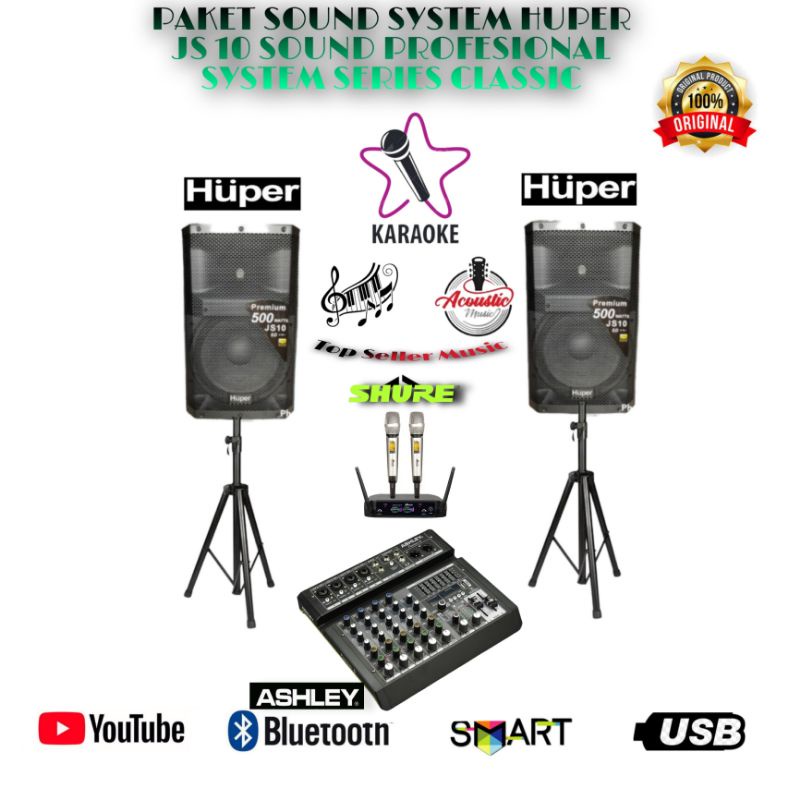 PAKET SOUND KARAOKE HUPER SPEAKER JS10 MIXER ASHLEY BLUETOOTH BUAT KARAOKE IN/OUT CAFE RESTO DLL