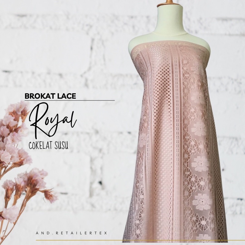 Kain Brokat Lace Vintage Royal Coksu Coklat susu Bahan Dress Gamis